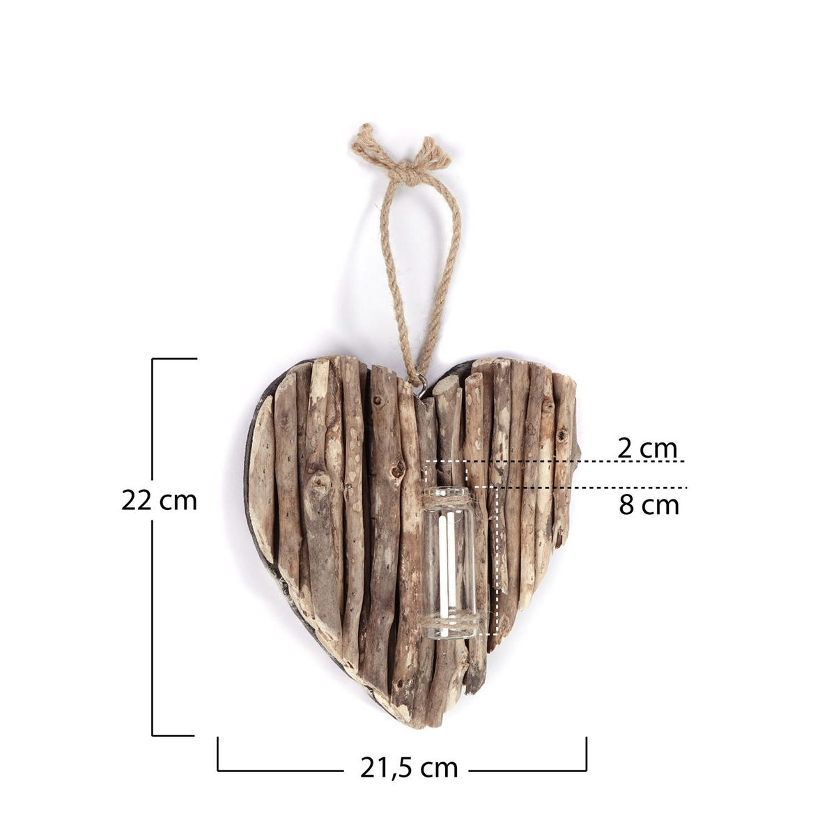 WANDVASE Flor Treibholz, Herzform, mit Reagenzglas naturfarben - Naturfarben, Holz (21/22/3cm) - CREEDWOOD
