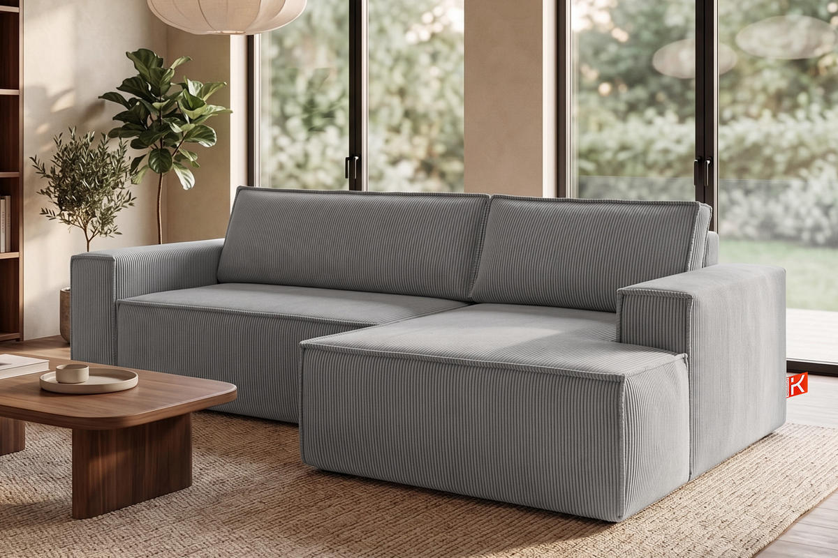 ECKSCHLAFSOFA-RECHTS NAPI in Pet Friendly Cord-Stoff, hellgrau - Hellgrau/Schwarz, Textil (262/148cm) - KONSIMO®
