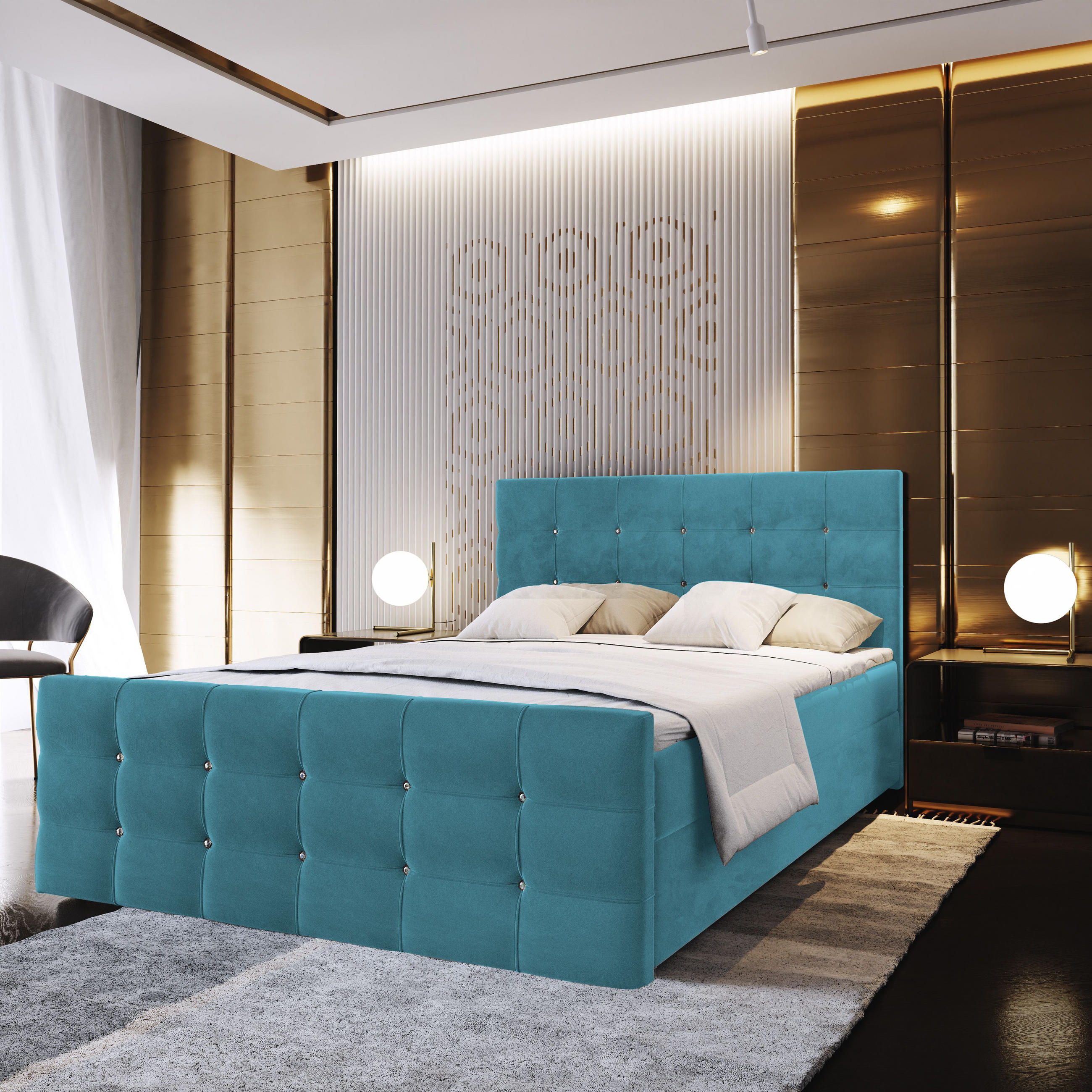 BOXBETT SLAT 140x200 cm mit Matratze und Topper - Blau - Blau, Holz (140/200cm) - MASSENO