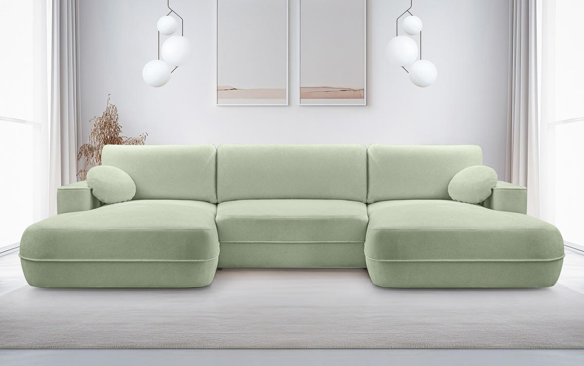 WOHNLANDSCHAFT Peoni Salbeigrün 364/168/87 cm mit Schlaffunktion - Schwarz/Grün, Kunststoff/Textil (364/87/168cm) - AX Living
