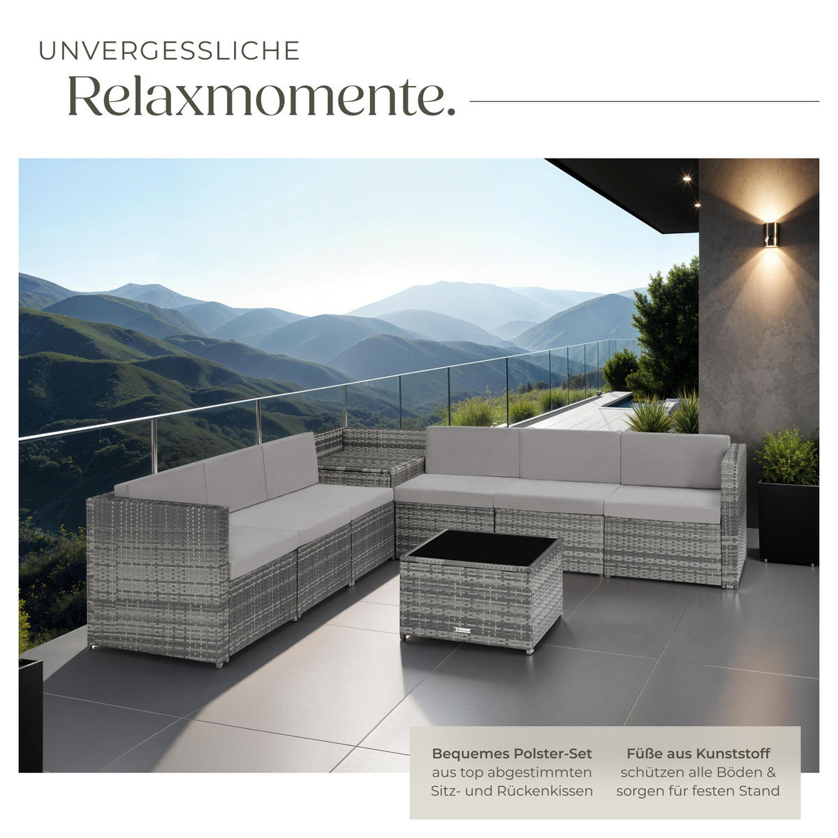 RATTANLOUNGE Verona, mit Sicherheitsglasplatte, grau - Grau, Kunststoff - tectake
