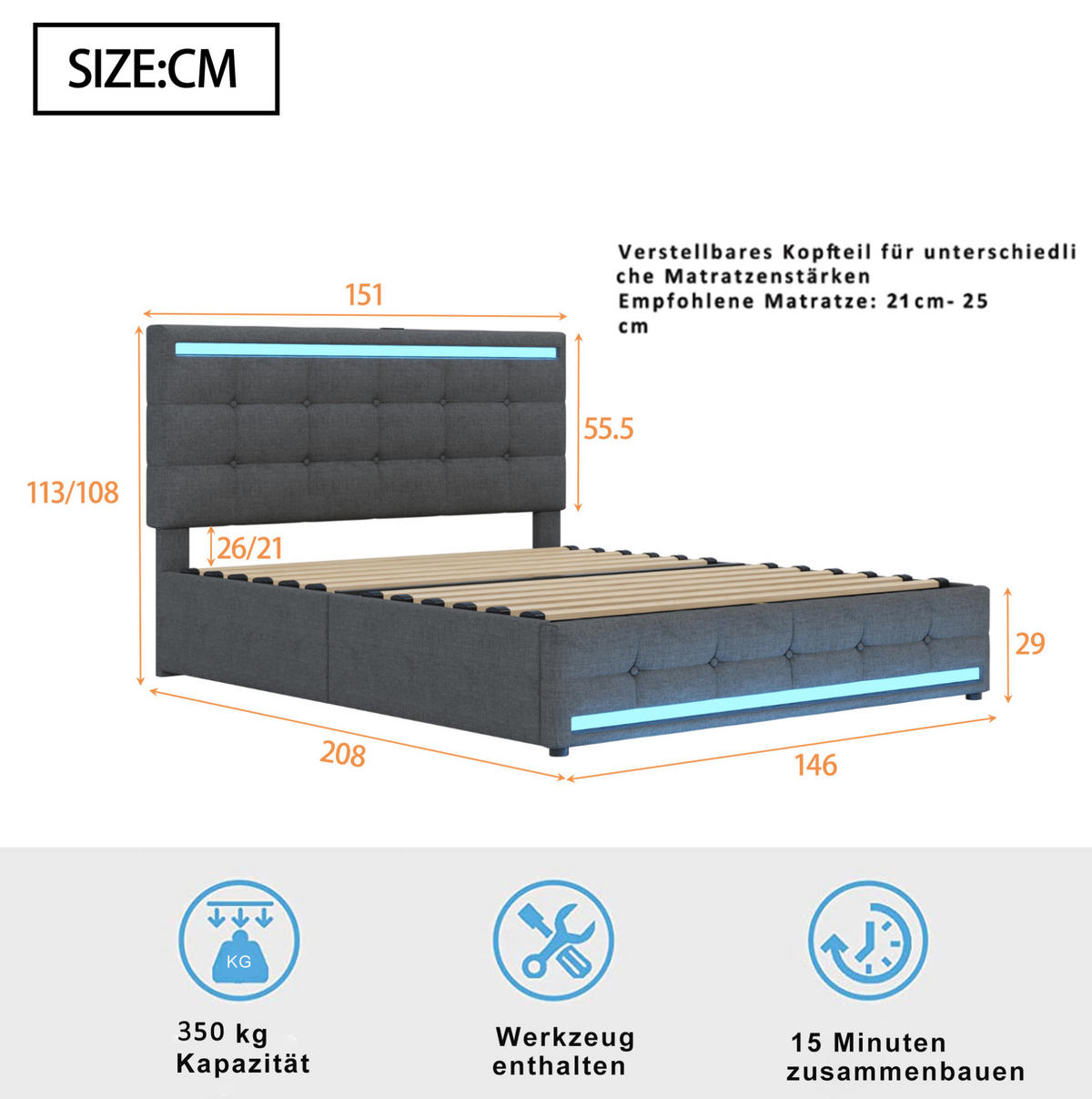 ČALÚNENÁ posteľ 140/200 cm s LED osvetlením, 2 USB portami a 4 zásuvkami, úložná, Sivá - sivá, textil (140/200cm) - Redom