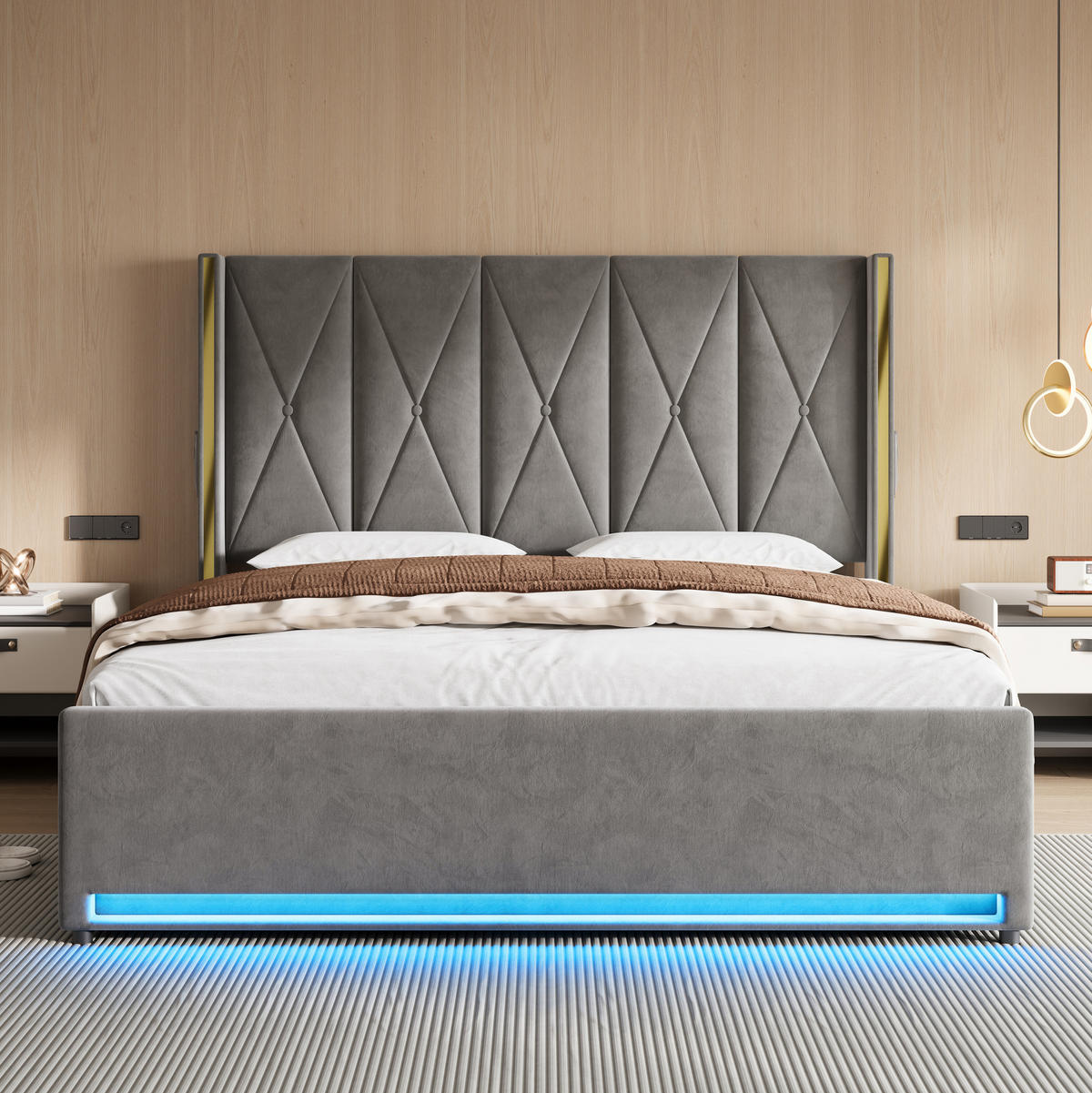 POLSTERBETT 180/200 cm in Dunkelgrau mit Bettkasten, Seitentaschen, LED und USB/Type-C Samt - Dunkelgrau, Holzwerkstoff/Textil (180/200cm) - STILVORA