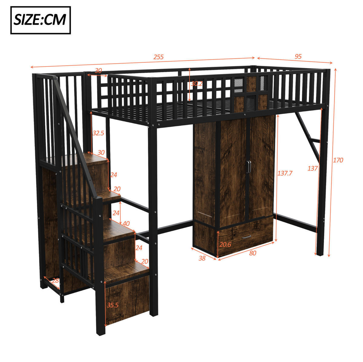 HOCHBETT 90/200 cm in Schwarz mit Stauraumleiter und Kleiderschrank - Schwarz, Metall (90/200cm) - BEAOK
