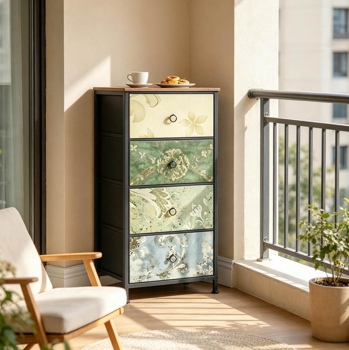 KOMMODE mit 4 Stoffschubladen in Braun 30x45,5x95,5 cm mit Blumenmotiv - Multicolor, Textil (45.5/95.5/30cm) - IVMEU