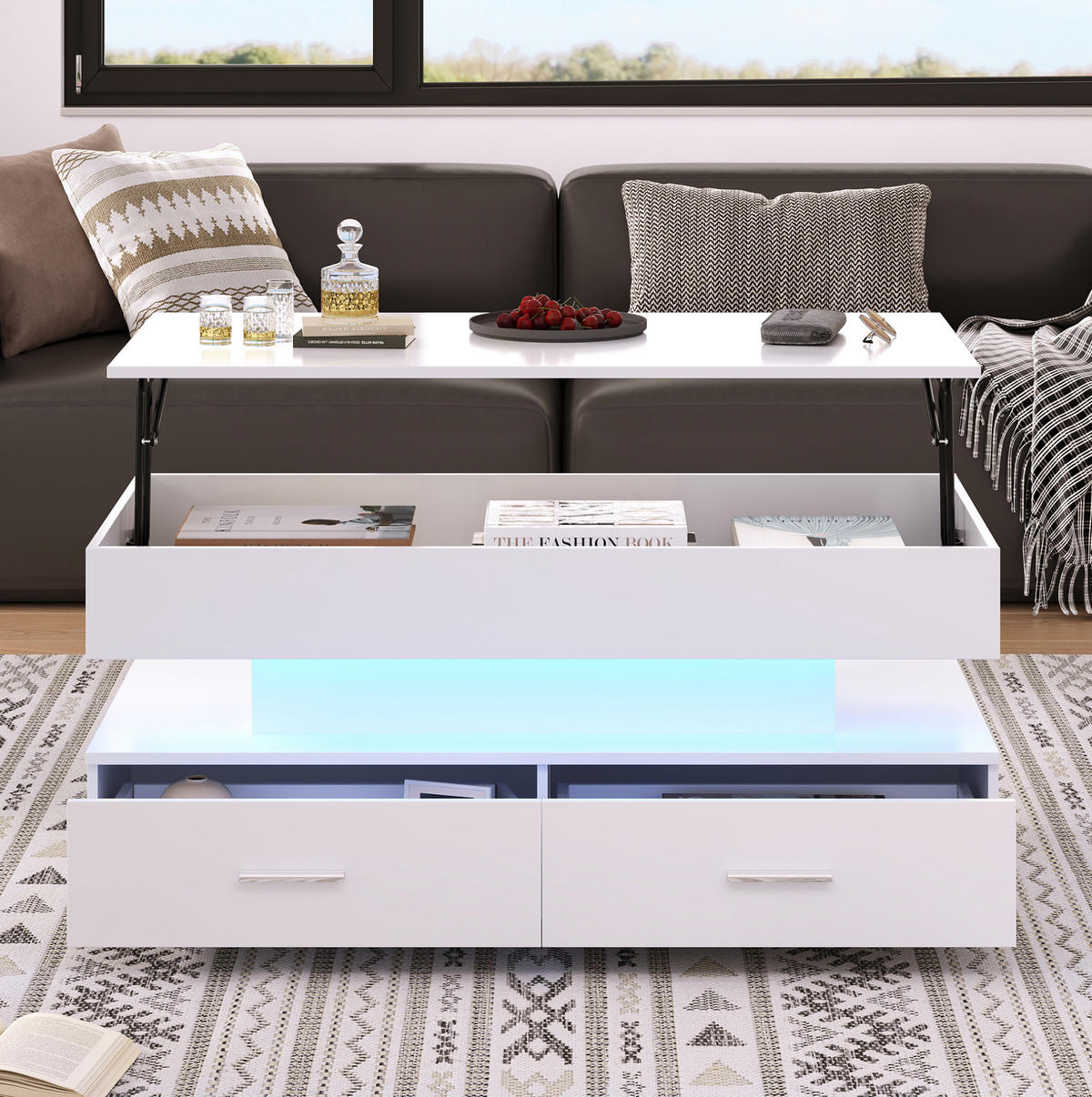 KLUB stolić 100/50/44 cm s hidrauličkim podizanjem, LED osvjetljenjem i skrivenim spremištem, Bijeli - bijela, drvni materijal (100/50/44cm) - Redom