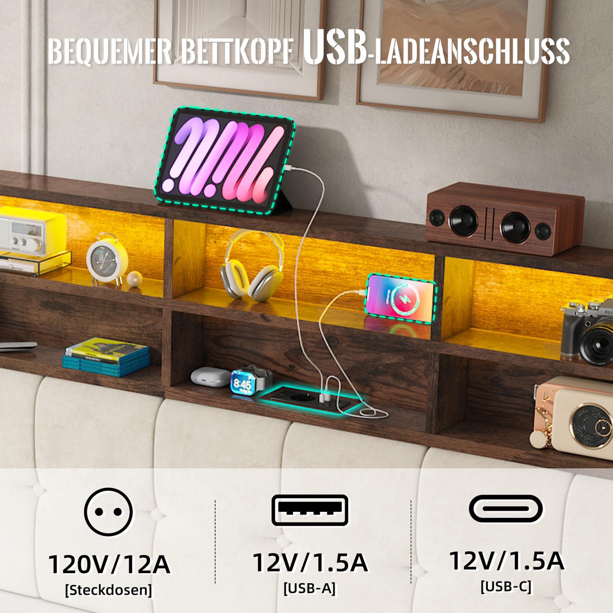 POLSTERBETT 160/200 cm in Beige mit 6 Fächern, Seitentaschen, USB-C, LED und Bettkasten aus Samt - Beige, Holzwerkstoff/Textil - STILVORA
