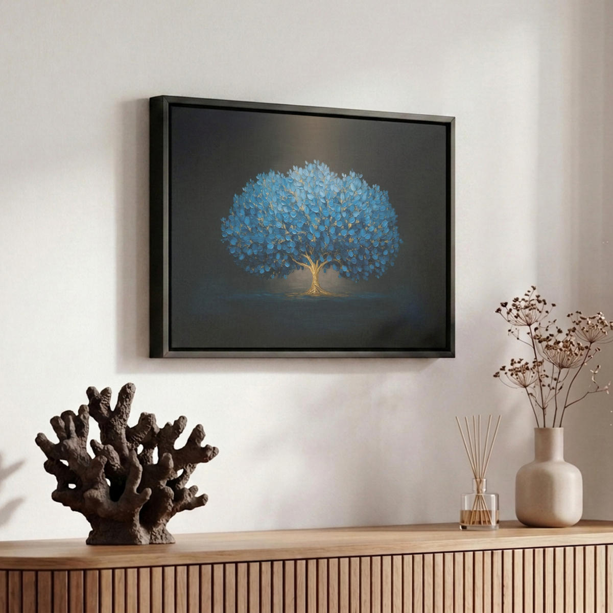 LEINWAND Bilder mit Rahmen - Baum - Blau - Blätter - Pinselstriche - 30x20 - Blau, Textil (30/20cm) - MuchoWow