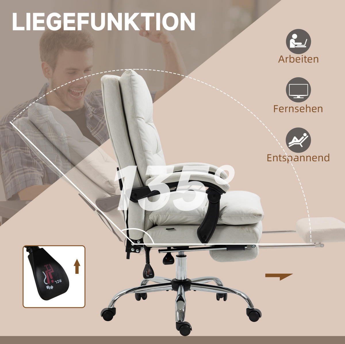 GAMINGSTUHL 65/72/109–117 cm, Massagefunktion, 135° neigbar, höhenverstellbar, cremeweiß - Creme, Kunststoff (72/117/65cm) - Redom