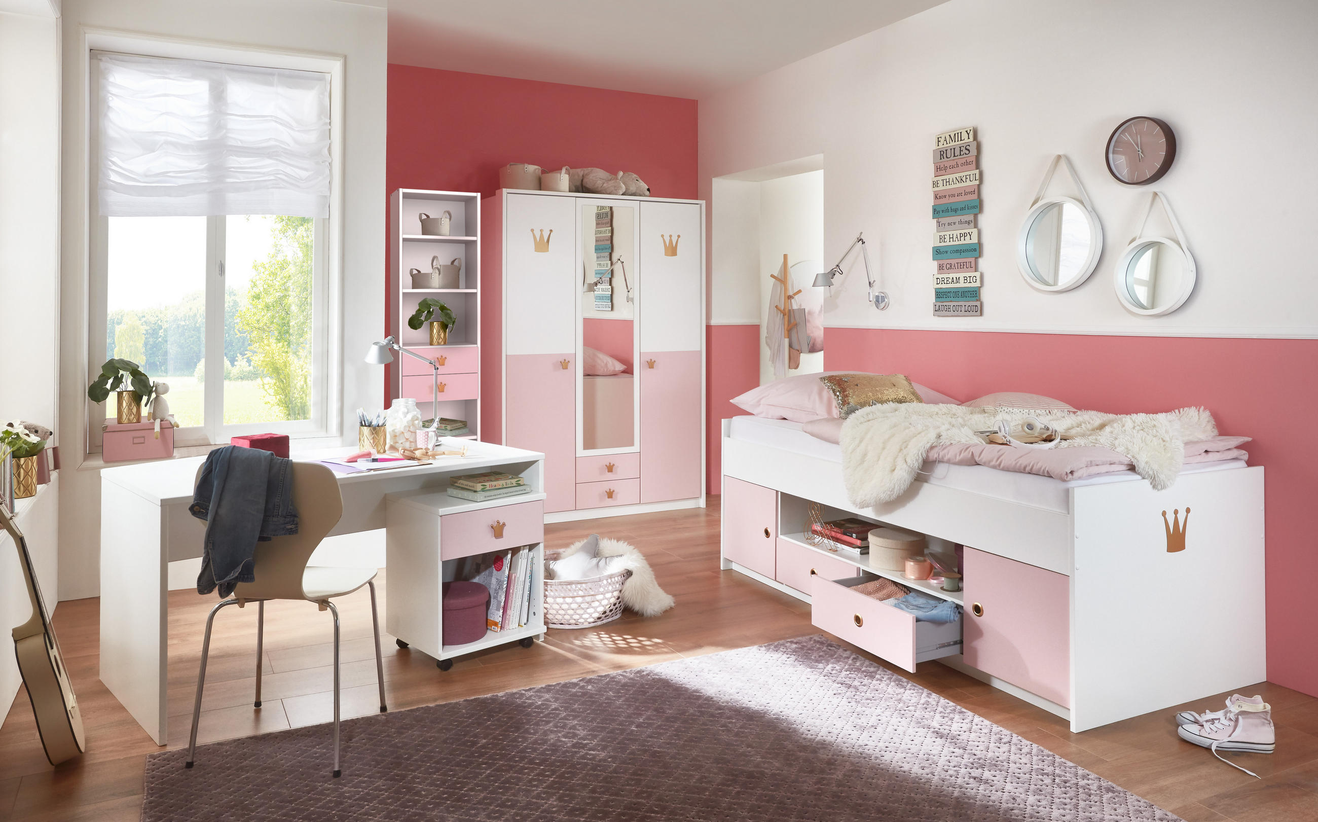 JUGENDZIMMER Cindy in Weiß und Rosé 5 teilig mit Krönchenapplikation - Weiß, Holzwerkstoff (120/200/80cm)
