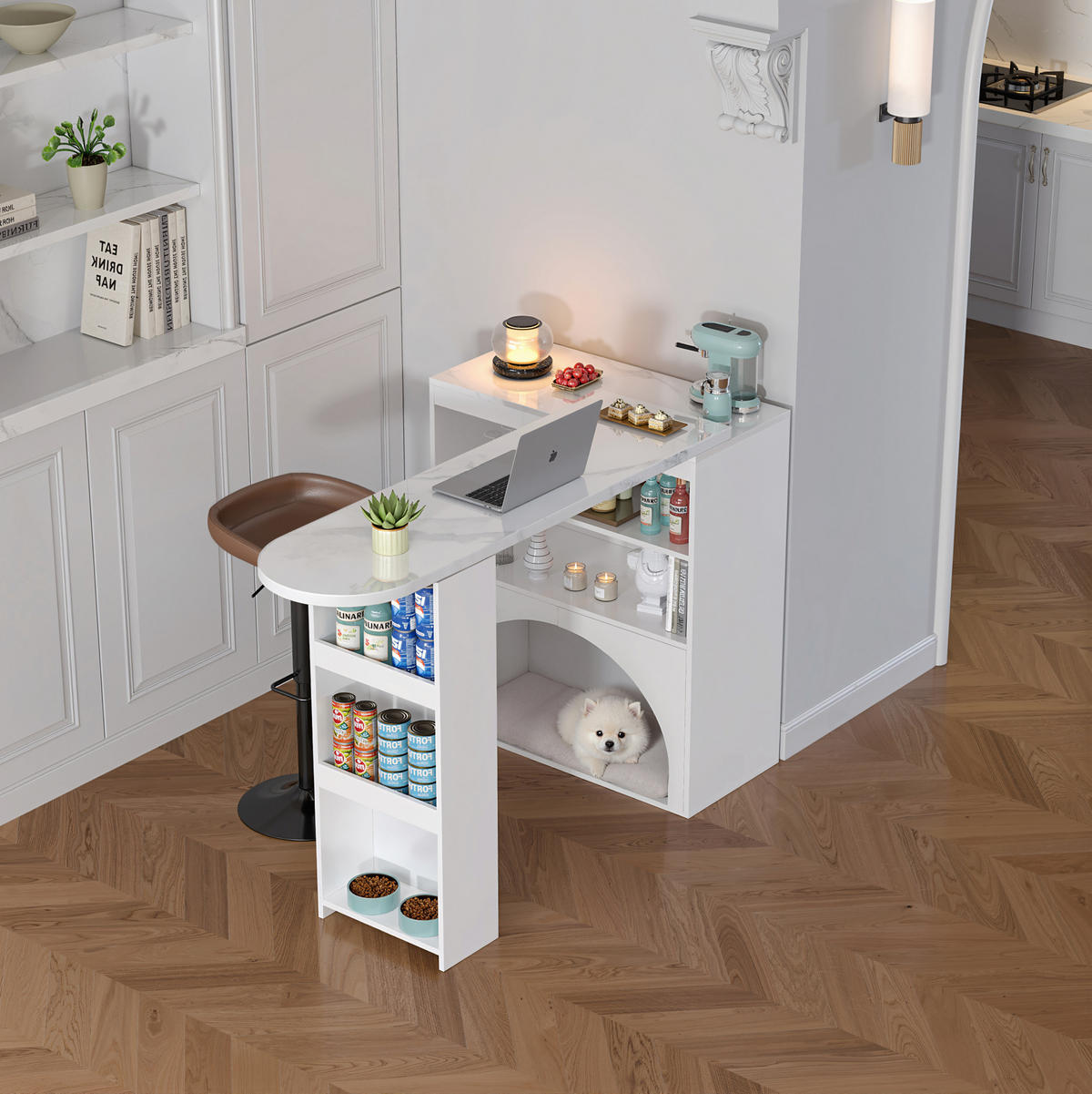 BAROVÝ a jídelní stůl 120(+80)/40/100 cm bílý z MDF s výsuvnou deskou a úložným prostorem - bílá, kompozitní dřevo (120/40/100cm) - OKWISH