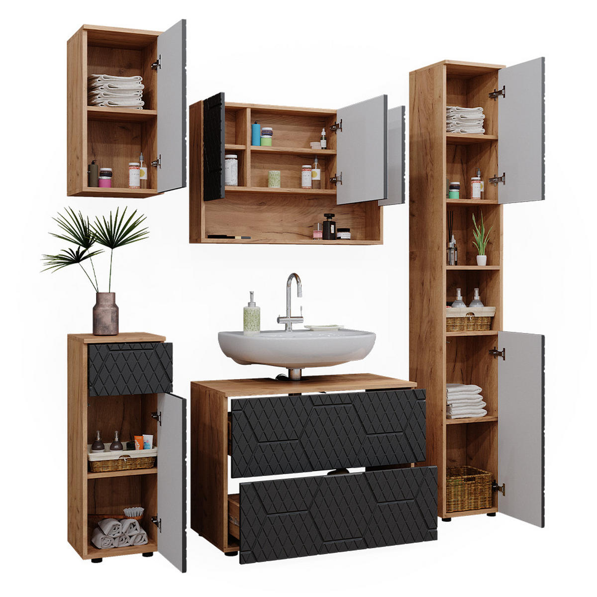 BADMÖBEL-SET Irma Anthrazit gestreift 5 Teile - Honigeiche/Anthrazit, Holzwerkstoff (80/58.6/41cm) - Vicco