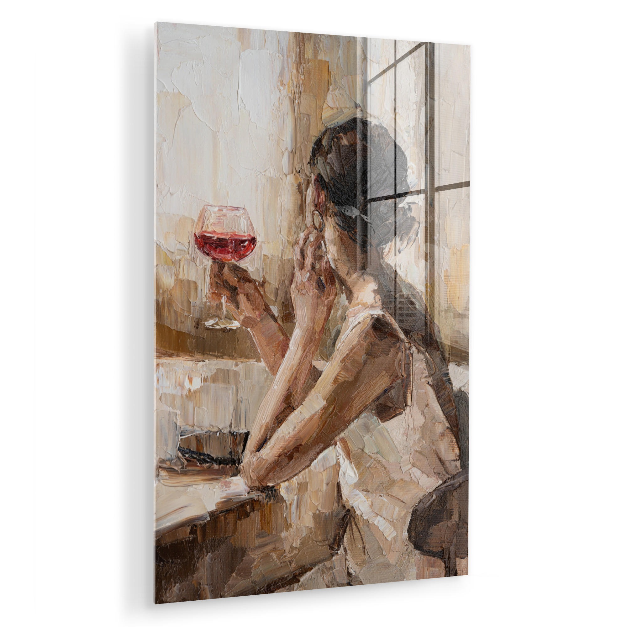 ACRYLGLASBILD Ölgemälde - Frau - Wein 40x60 cm - Hellbraun, Glas (40/60cm) - MuchoWow