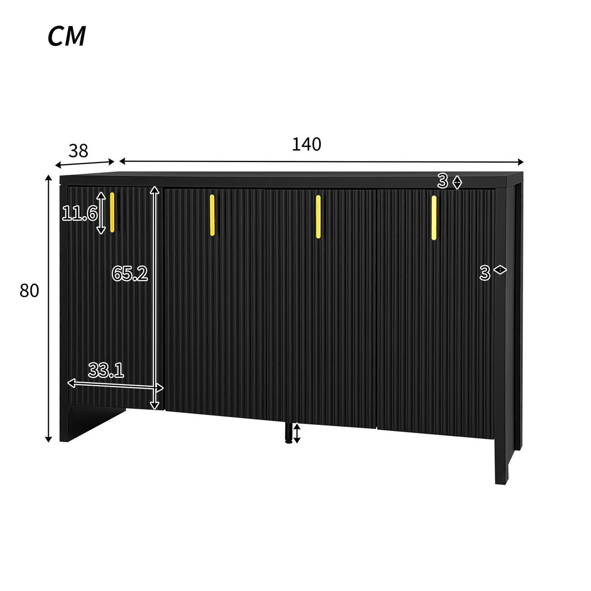 SIDEBOARD 140/38/80 cm mit 4 Türen in Schwarz und goldfarbenen Griffen - Schwarz, Holzwerkstoff (140/38/80cm) - BEAOK
