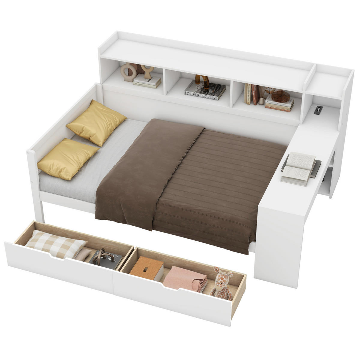 BETT 90/200 cm mit Schreibtisch, 2 Schubladen und USB-Anschluss in Weiß - Weiß, Holzwerkstoff (90/200cm) - Flora Grace