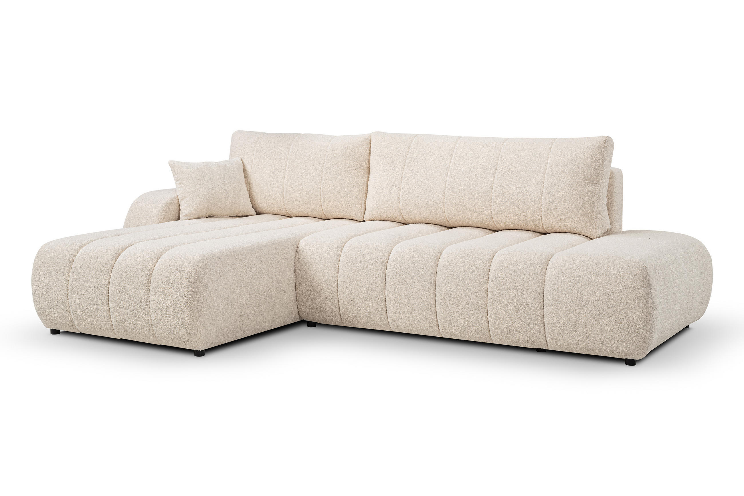ECKSOFA Baloo mit Schlaffunktion und Bettkasten, komfortable Polsterung, Stoffbezug, lose Rückenkissen, freistehend, LINKS, 176x276x88 cm, Cream - Creme, Holz/Textil (176/276cm) - DomoHome