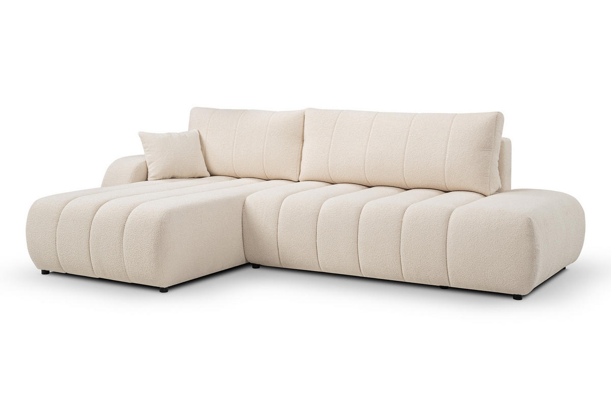 ECKSOFA Baloo mit Schlaffunktion und Bettkasten, komfortable Polsterung, Stoffbezug, lose Rückenkissen, freistehend, LINKS, 176x276x88 cm, Cream - Creme, Holz/Textil (176/276cm) - DomoHome