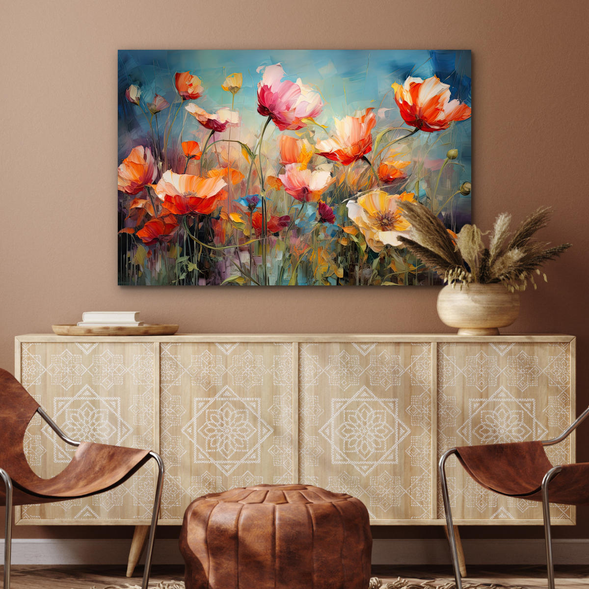 METALLBILD Blumen - Aquarell - Kunst - Botanisch - Natur 90x60 cm - Orange, Metall (90/60cm) - MuchoWow