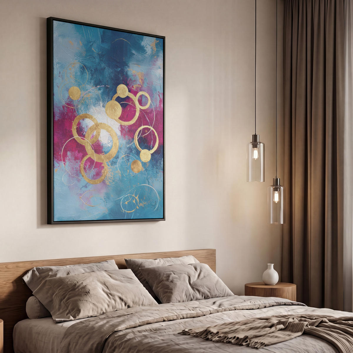 LEINWAND Bilder mit Rahmen - Kreise - Gold - Abstrakt - 60x90 - Blau, Textil (60/90cm) - MuchoWow