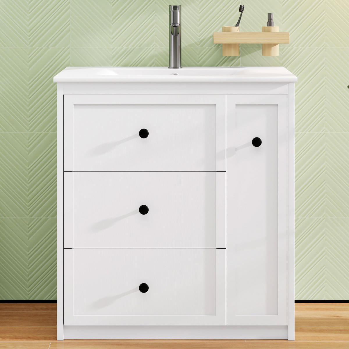 WASCHTISCH aus MDF und Keramik 76x46x82 cm Weiß mit 4 Schubladen und integriertem Keramikbecken - Weiß, Keramik (76/82/46cm) - Modfu