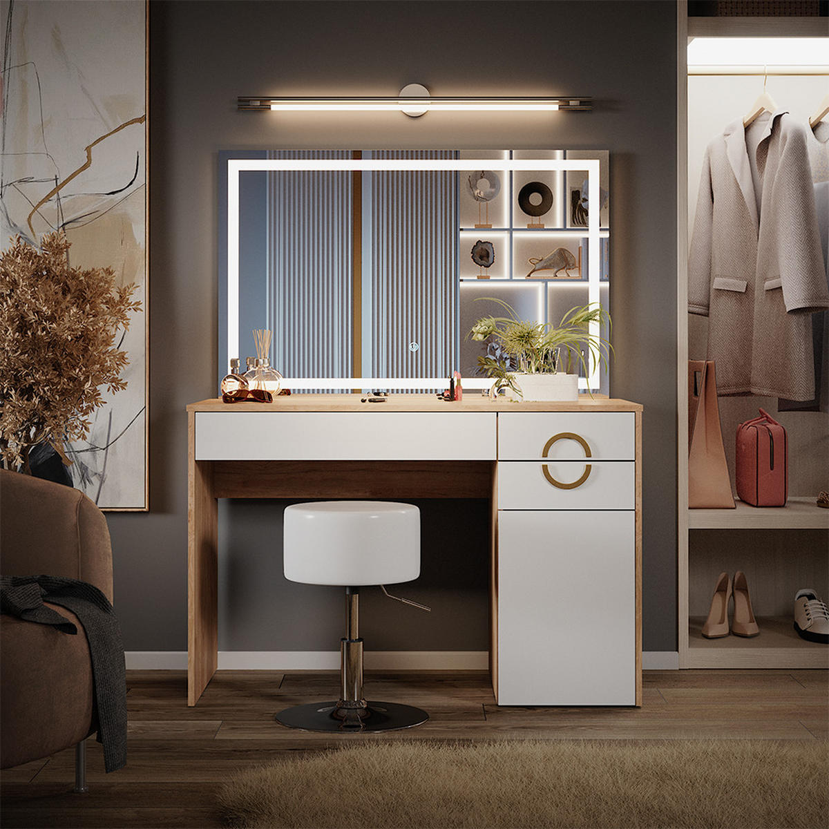 SCHMINKTISCH Adela Natural Rockford Hickory 115 cm mit LED Spiegel und Hocker - Weiß/Sonoma Eiche, Holzwerkstoff (115/76.4/55cm) - Vicco
