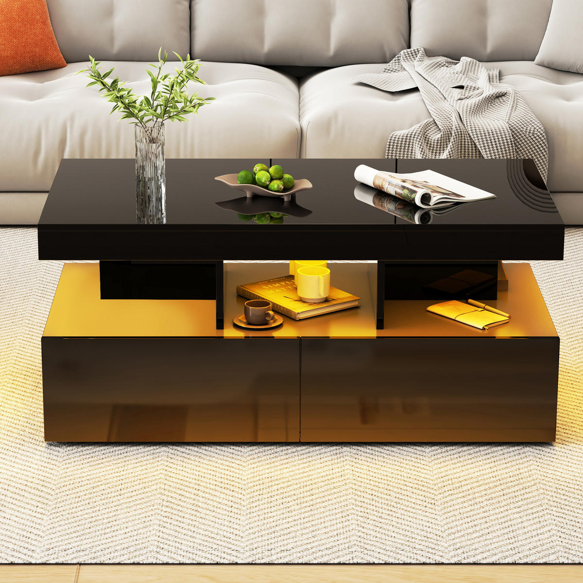 COUCHTISCH 104 x 53 x 46 cm, Wohnzimmertisch mit LED-Beleuchtung und Schubladen,Schwarz - Schwarz, Metall (104/53/46cm) - PARAFTA HOME