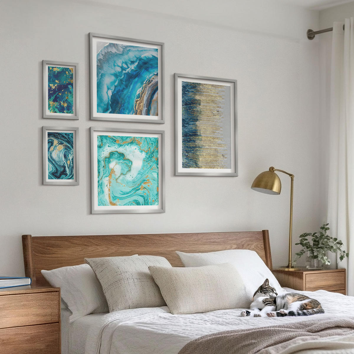BILDER SET 5er Set - 50x50 cm & 20x30 cm & 40x60 cm Silberner Rahmen - Wilde Landschaften, Berge, Hirsche - Silberfarben, Kunststoff (40/60cm) - TULUP