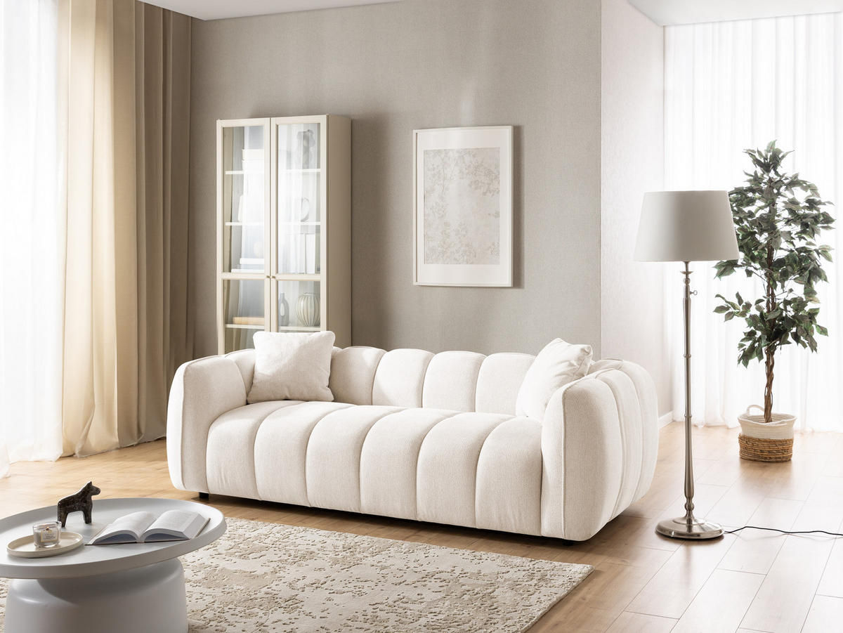 3-SITZER SOFA Nubira in tief gesteppter Bubble-Optik aus weichem Creme Strukturstoff im modernen Design - Creme/Schwarz, Holz/Kunststoff (228/69/89cm) - S-Style Möbel
