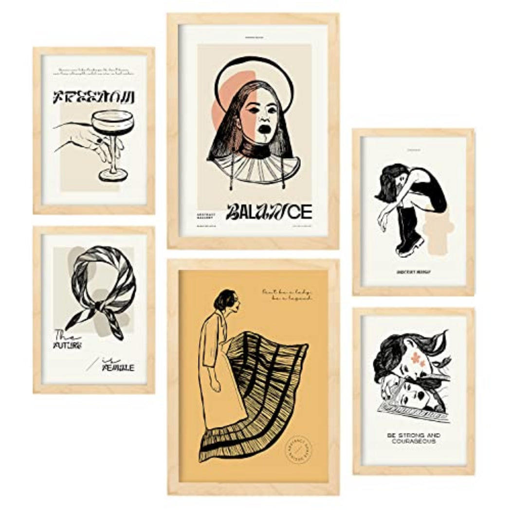 POSTER Set Mit 6 In Schwarzer Tinte Tapfer Kunstdrucke Im Skizzenstil Für Innenarchitektur A3 & A4 Rahmen Aus Hellem Holz - Beige, Papier (29/3cm) - Nacnic
