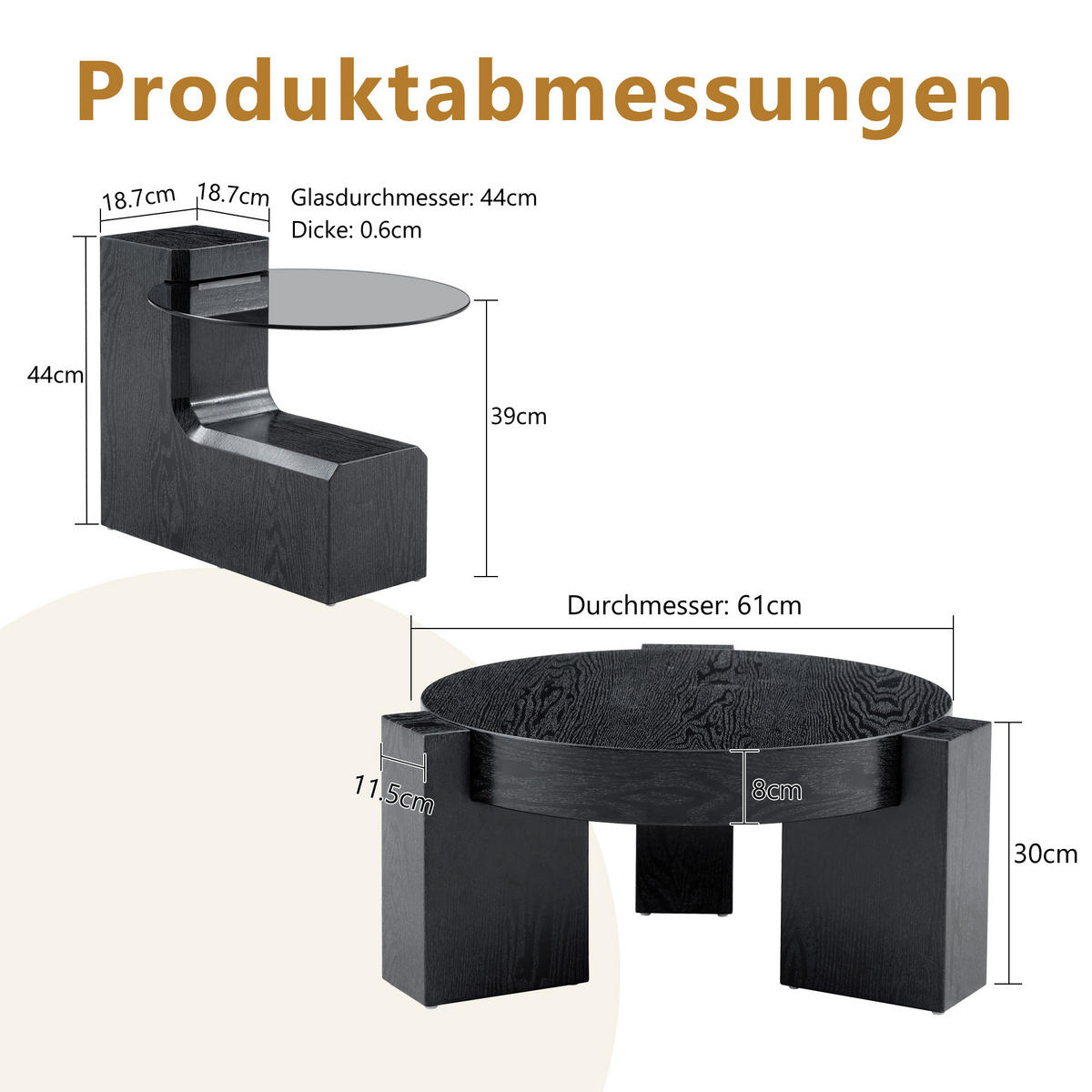 COUCHTISCH-SET 61/61/30 cm Schwarz aus Holzwerkstoff und Glas mit teilbarem 2-in-1 Design - Schwarz, Holzwerkstoff (61/61/30cm) - OKWISH