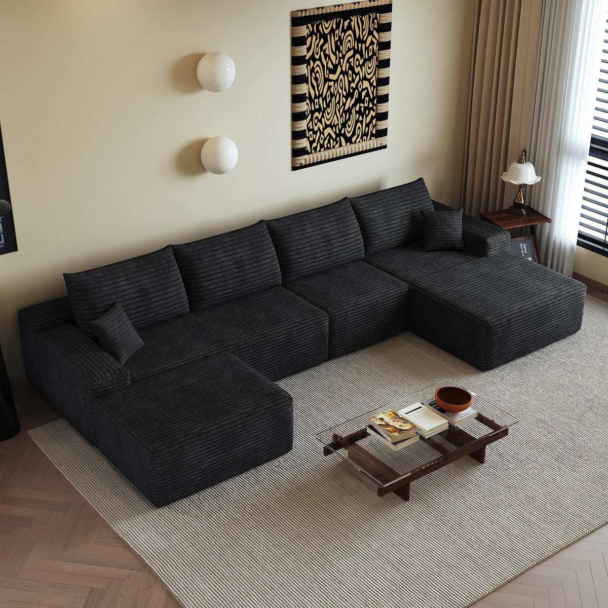 WOHNLANDSCHAFT DE-34857 U-Form 3-Sitzer Chaiselongue rechts Schwarz - Schwarz, Textil (175/83/270cm) - ComfortXL