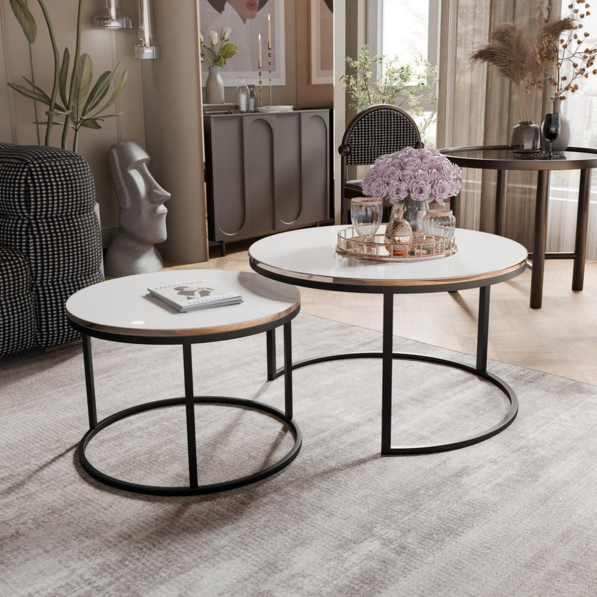 LAVO Couchtisch rund 2-in-1 mit goldenen Kanten, Hochglanz-Weiß - Weiß Hochglanz/Schwarz, Metall (70/70/48cm) - Idohome