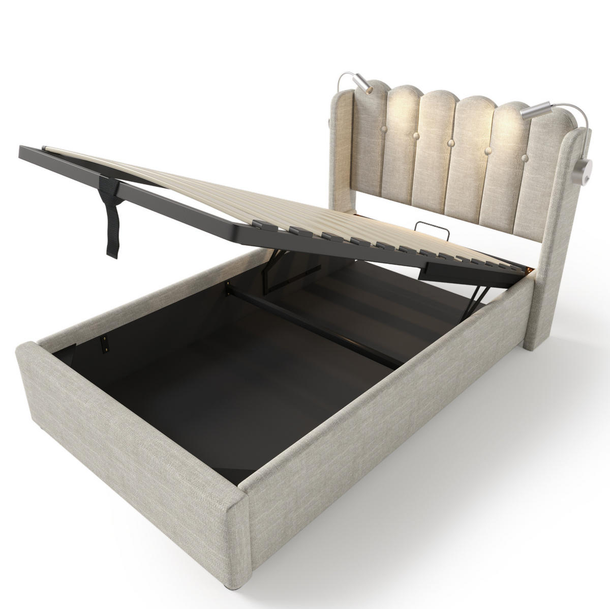BETT mit Bettkasten und Matratze 90x200 cm Leinen Beige, mit Leselicht und USB - Beige, Metall (90/200cm) - Beauniv