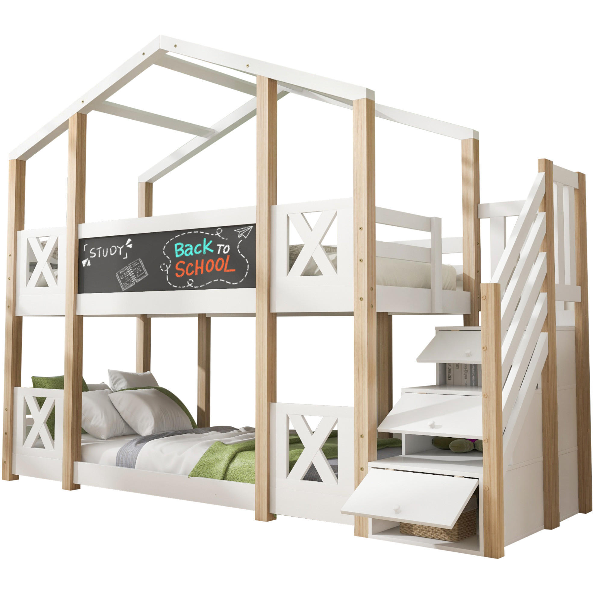 HAUSBETT 90/200 cm in Weiß/Natur mit Treppe, Stauraum und Tafel - Weiß, Holzwerkstoff (90/200cm) - Flora Grace