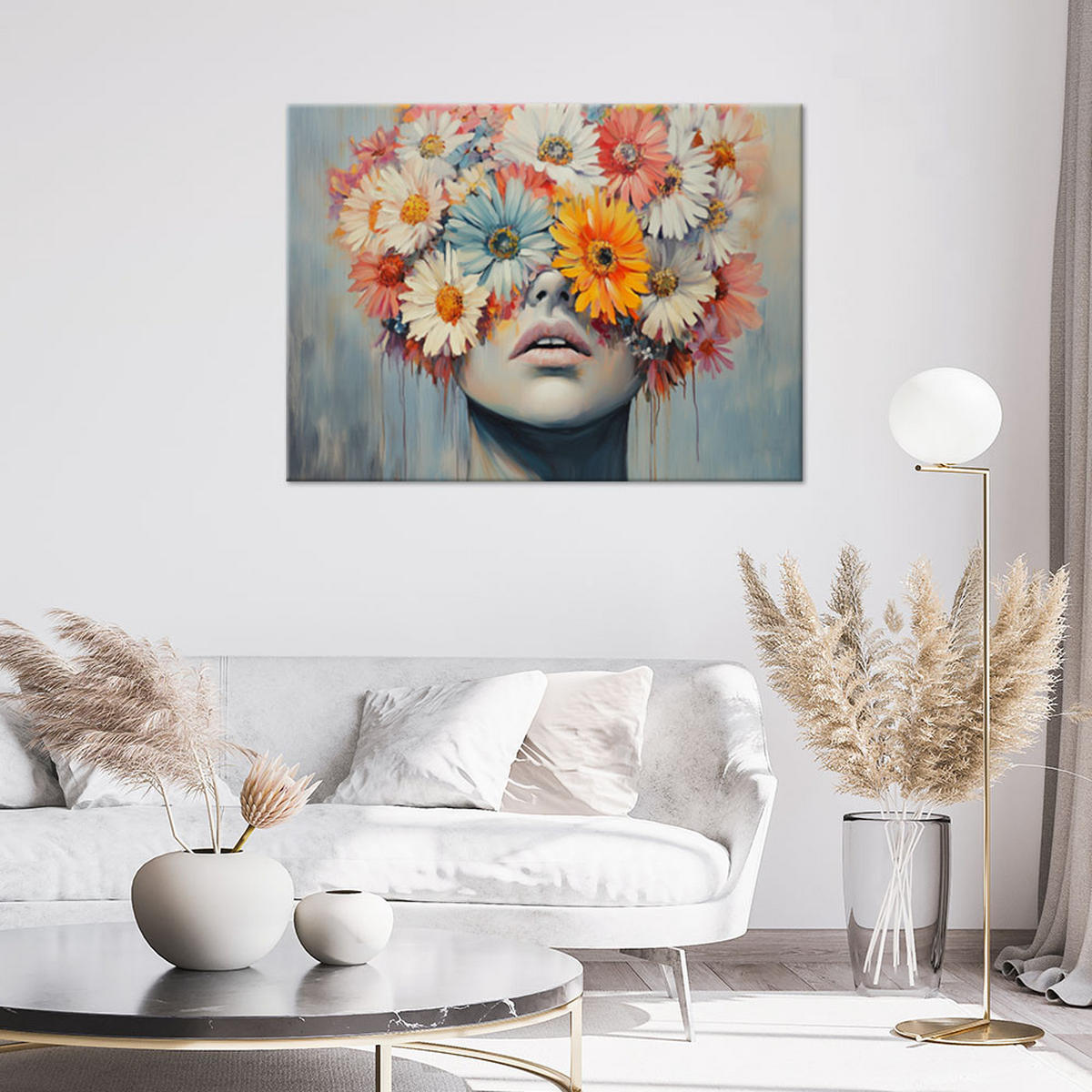 LEINWANDBILD Frau mit Blumen auf dem Kopf - Multicolor, Textil (60/40cm) - Feeby