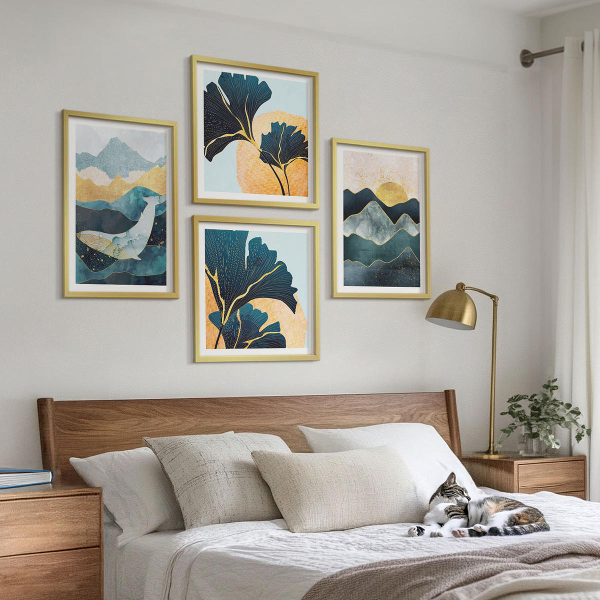 BILDER SET 4er Set - 50x50 cm & 40x60 cm Goldrahmen - Abstrakte ästhetische Berge - Goldfarben, Kunststoff (50/50cm) - TULUP