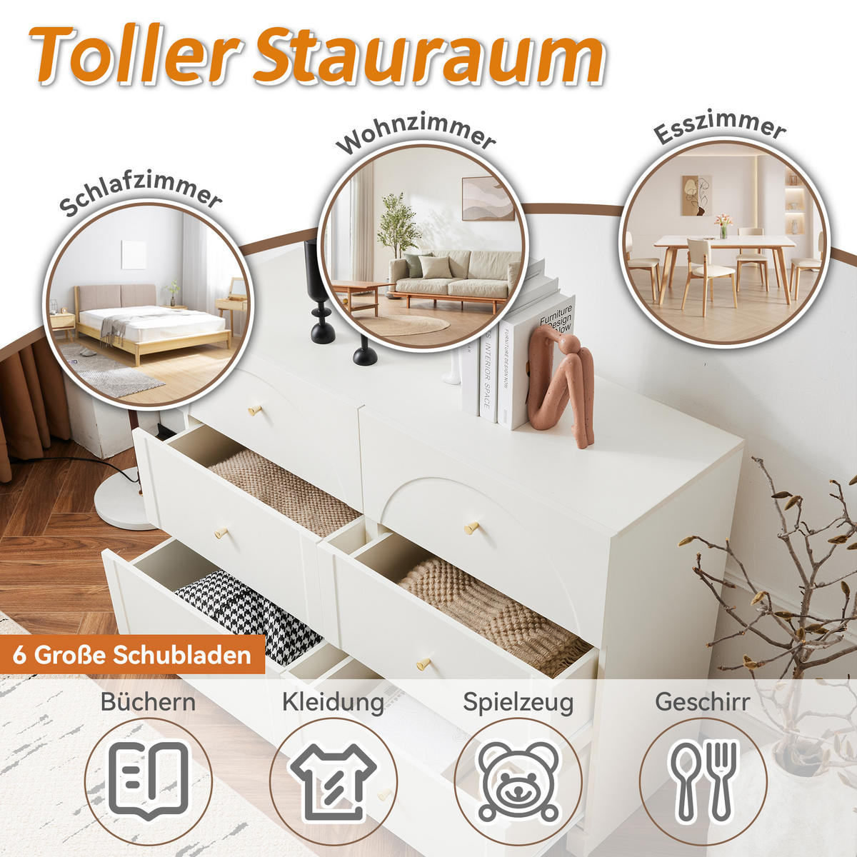 KOMMODE mit 6 Schubladen Weiß 120x40x82cm - Weiß, Holzwerkstoff (40/82/120cm) - FLIEKS