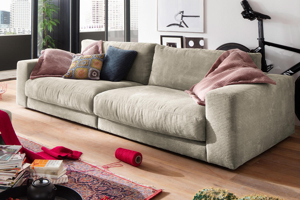 SOFA 3-SITZER MADELINE Grau Cord - Greige/Schwarz, Textil (290/85/127cm) - KAWOLA