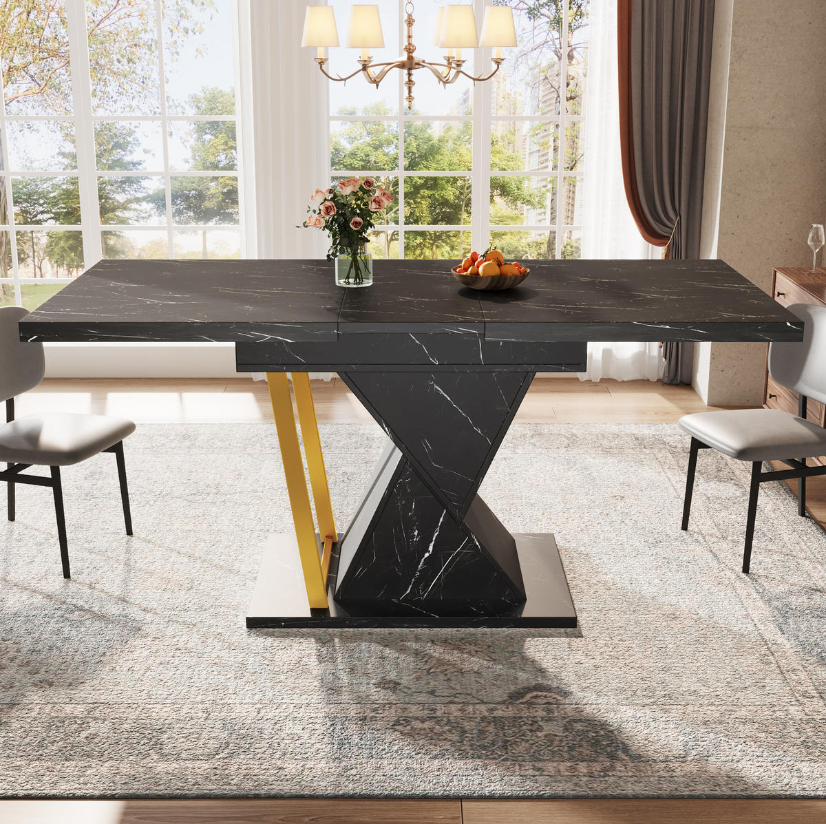 ESSTISCH 110/80/76 cm Schwarz ausziehbar mit Marmoroptik Tischplatte aus MDF - Schwarz, Holzwerkstoff (110/80/76cm) - OKWISH