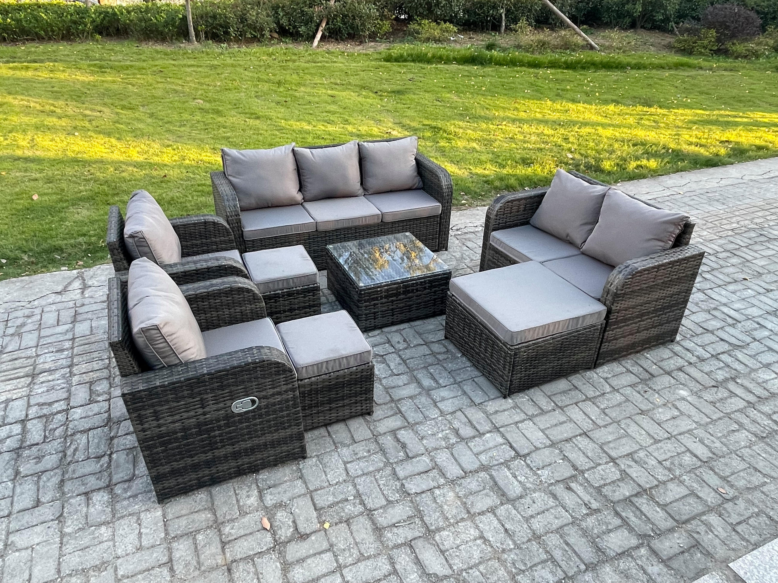 GARTENSOFA SET mit Couchtisch Polyrattan Dunkelgrau 8-teilige - Dunkelgrau/Grau, Glas/Kunststoff - Fimous
