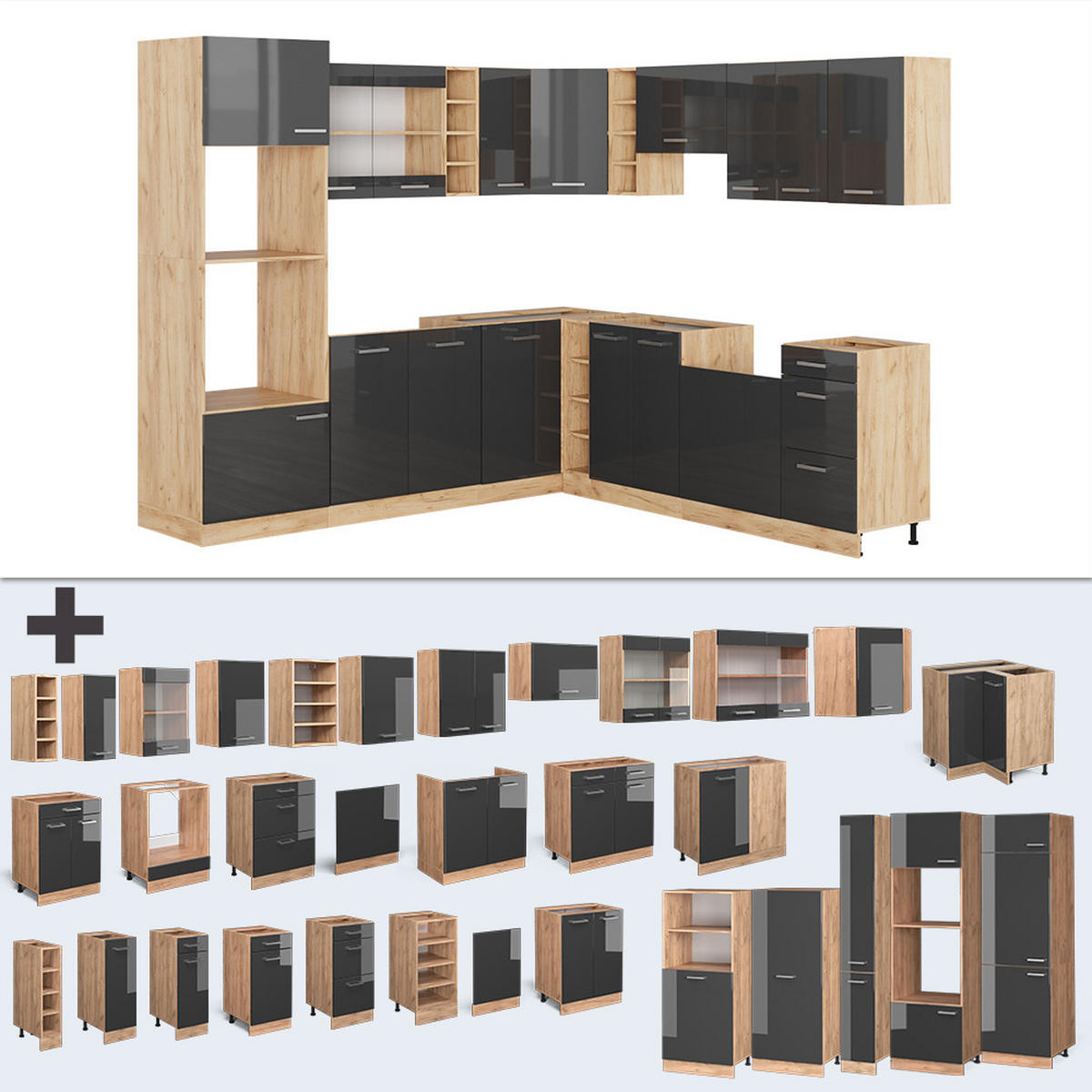 ECKKÜCHE R-Line Anthrazit Hochglanz/Goldkraft Eiche 237 x 60 cm ohne AP - Honigeiche/Anthrazit, Holzwerkstoff (247/81.6/46cm) - Vicco