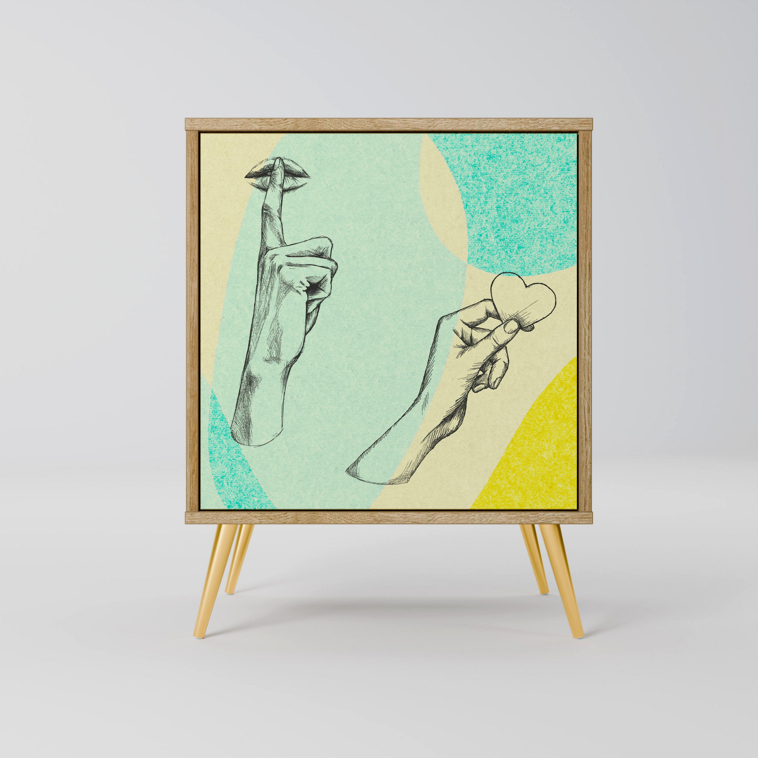 SIDEBOARD BODY LANGUAGE, Eichefarben, 57,5x42x75,5 cm, Goldfarbene Metallfüße - Eichefarben/Goldfarben, Holzwerkstoff/Metall (57.5/75.5/42cm) - SpaceRebels