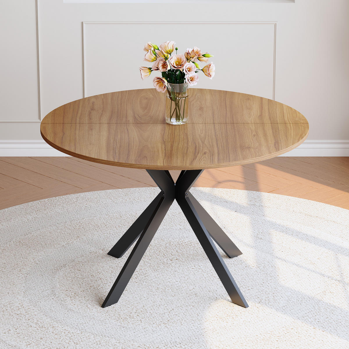 ESSTISCH runder Walnuss mit schwarzem X-förmigem Gestell 110/110/75 cm - Walnussfarben, Holz (110/110/76cm) - Oxeza