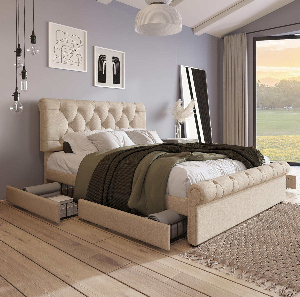 POLSTERBETT mit 4 Schubladen 140x200 cm Leinen Natur - Beige, Holzwerkstoff (140/200cm) - Beauniv
