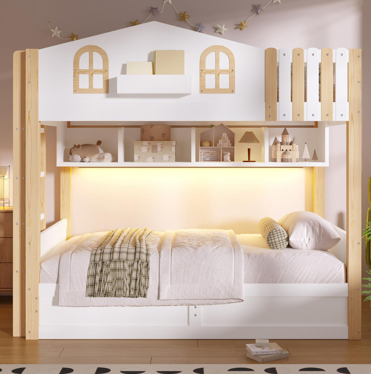 ETAGENBETT 90x200 cm im Hausdesign in Weiß/Natur mit LED-Beleuchtung und Stauraum - Weiß, Holzwerkstoff (90/200cm) - IVMEU