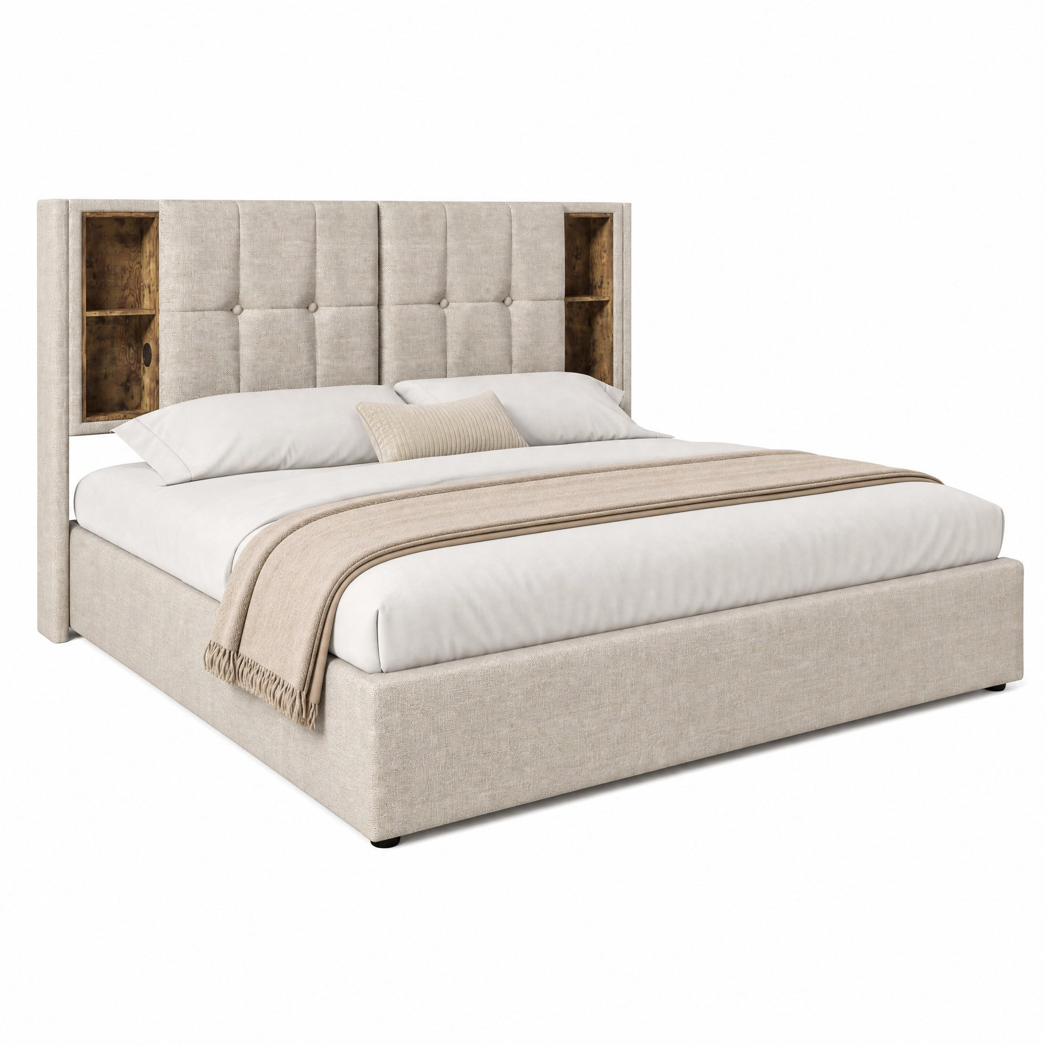POLSTERBETT mit Stauraum und Ladestation 160x200 cm Leinen Natur - Beige, Metall (160/200cm) - Meubliv