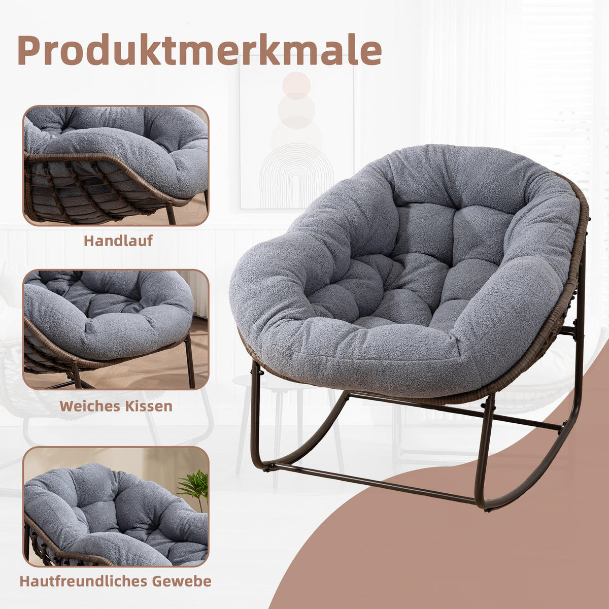 SCHAUKELSTUHL Schaukelsessel Garten,Rattanstuhl mit Stahlrahmen,Grau-Fleece - Grau, Metall (94.5/80/111cm) - LVHOM