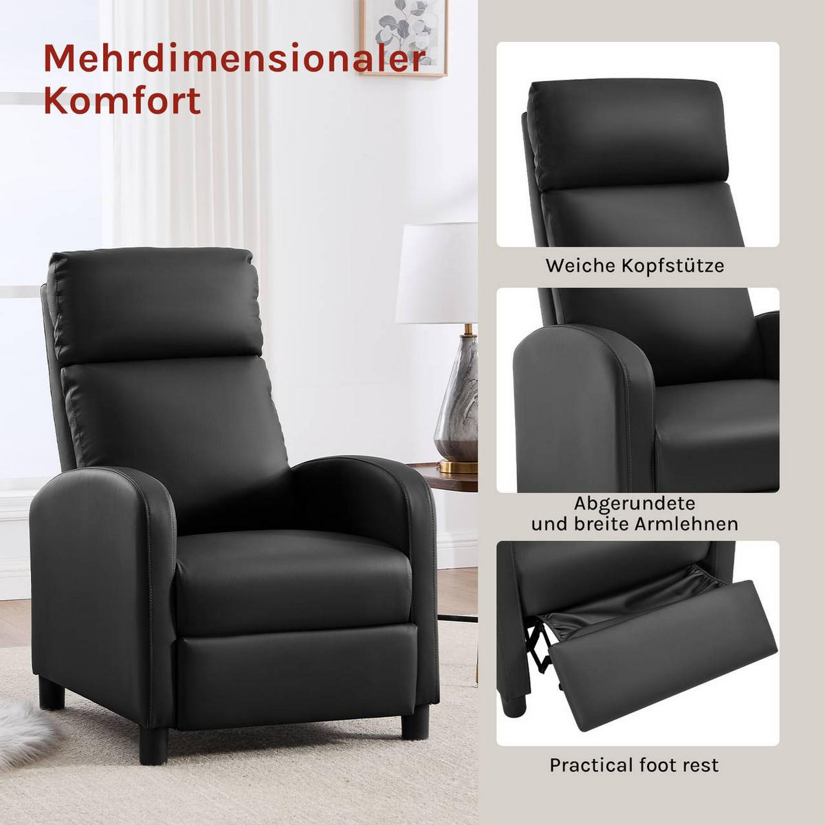 RELAXSESSEL mit Liegefunktion, Kunstleder, Schwarz - Schwarz, Kunststoff/Textil (65.5/102/89cm) - Woltu