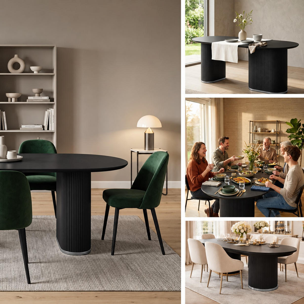 ESSTISCH Oval Schwarz 180 × 90 cm geriffeltes Säulengestell mit silberfarbenen Akzenten - Schwarz, Holzwerkstoff (90/180/76cm) - HOOZ