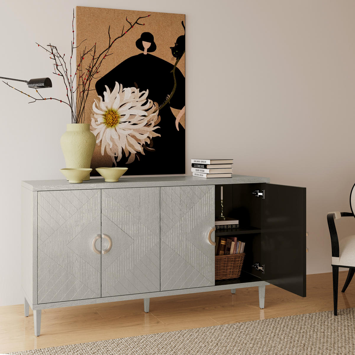 SIDEBOARD Grau Holzoptik mit 4 Türen & Kiefernholzbeinen - Grau, Holzwerkstoff (152/82.5/40cm) - Urban Meuble